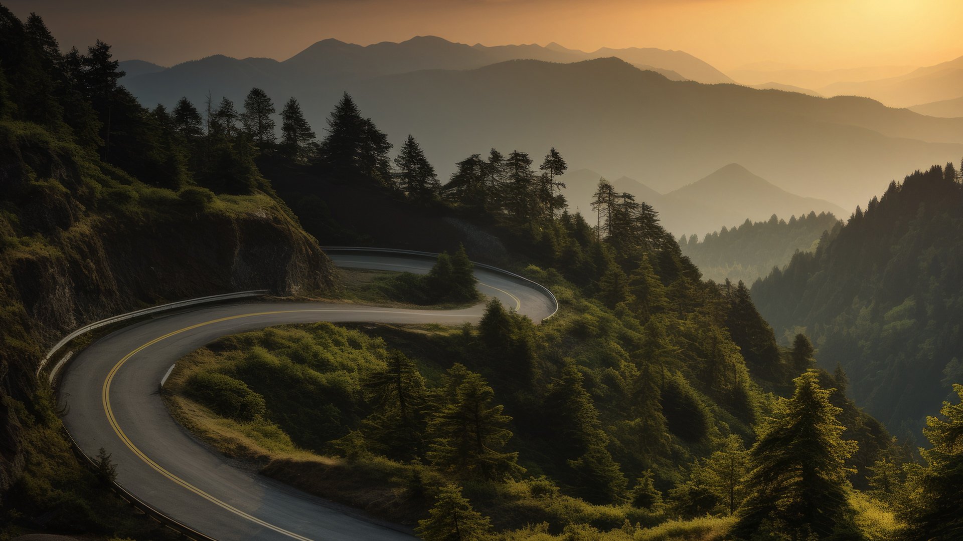 Winding mountain road at sunrise